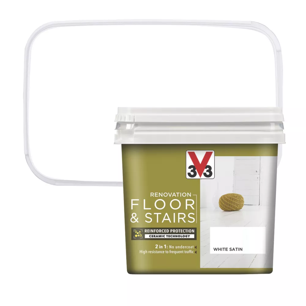 V33 Satin White Acrylic Floor & Stair Paint 750ml V33 Satin White Acrylic Floor & Stair Paint 750ml -Harris Paint Store 723GX A1