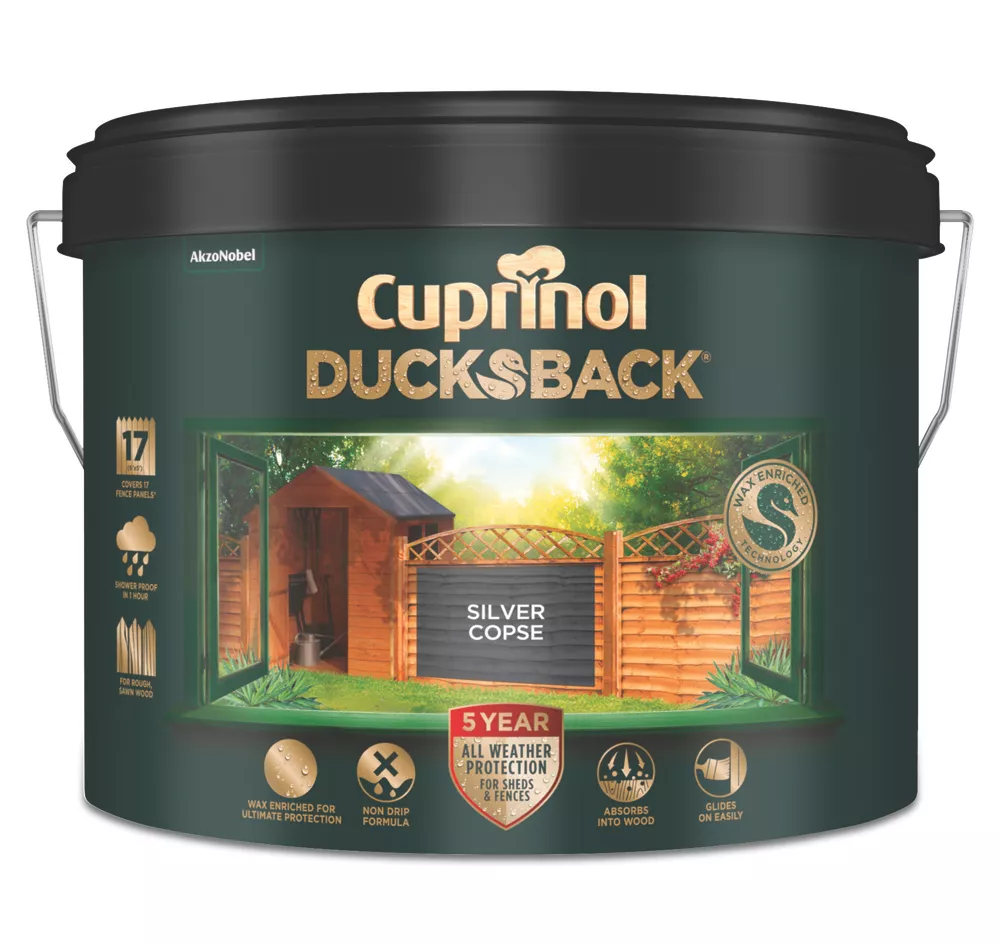 Cuprinol 5-Year Ducksback Water-Based Fence Treatment Silver Copse 9Ltr Cuprinol 5-Year Ducksback Water-Based Fence Treatment Silver Copse 9Ltr -Harris Paint Store 8828R A1